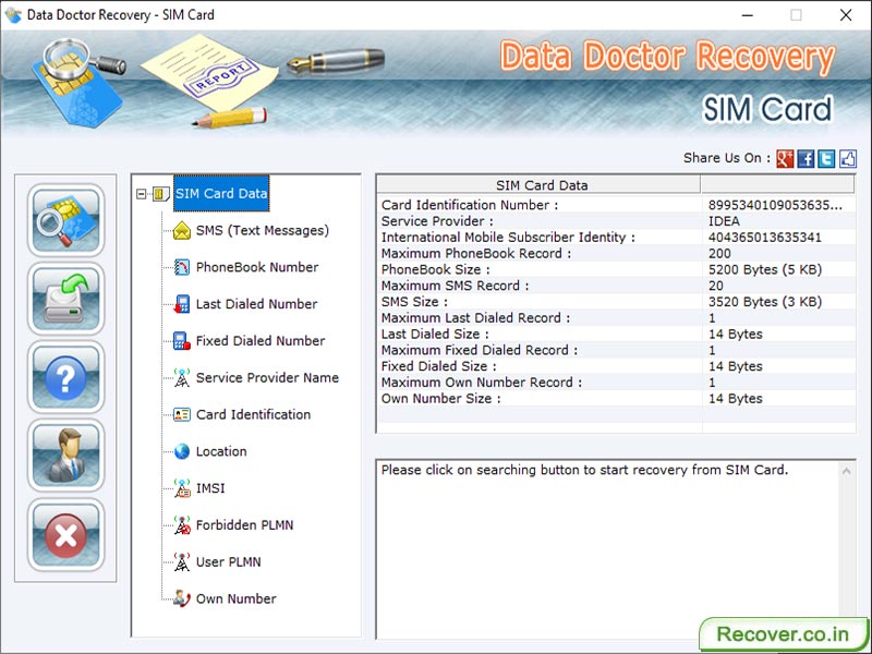 Screenshot of SIM Card Data Recovery Tool